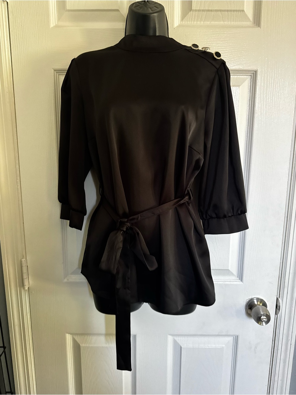 NWT River Island Black Satin Tie-Waist Blouse with Shoulder Buttons